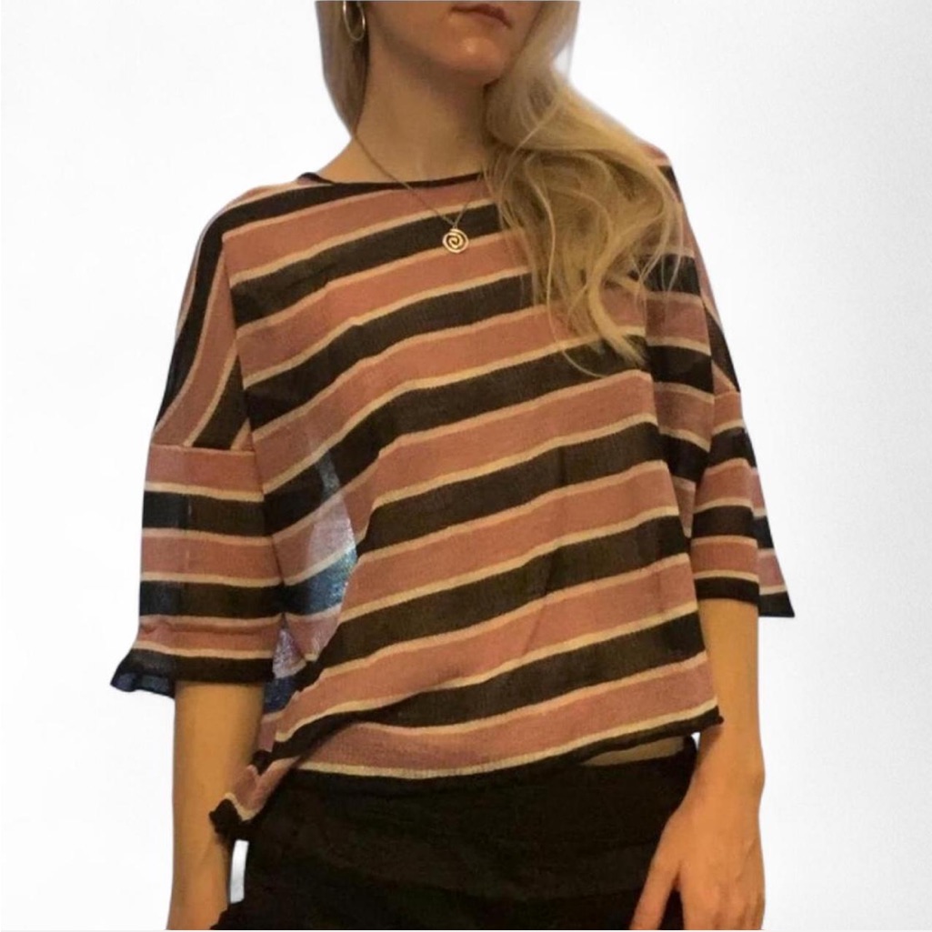 Soaked In Luxury Pink And Black Striped Fine-Knit Boxy Blouse